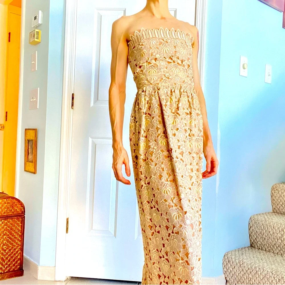 Handmade Design Champagne Lace Strapless Sparkle Gown. - Picture 3 of 9